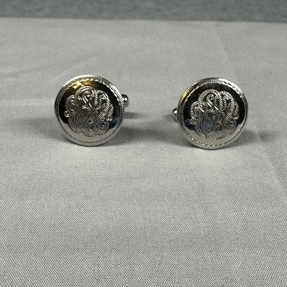 Scroll Monogram Cufflinks Vintage Silver-Tone Classic Mid-Century Style‎